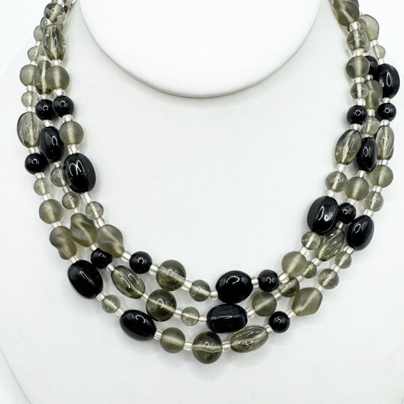 Vintage Germany Black Gray Glass Bead Collar Necklace 3 Strand Satin Glass 17” - Picture 8 of 13
